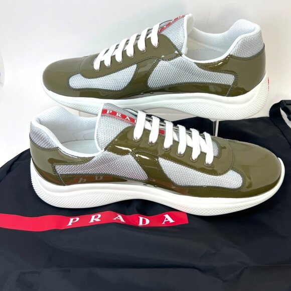 Prada Americas Cup Men Sneakers Vernice Bike Low Top Loden Argento Size UK11 - Picture 14 of 15